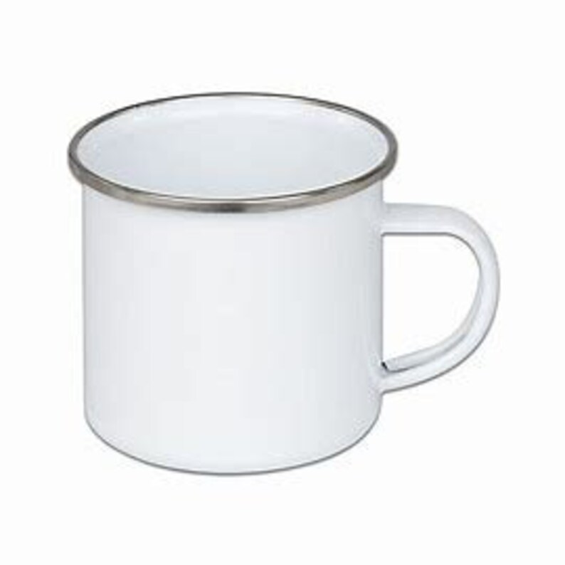 May include: White enamel mug with a silver rim and handle.