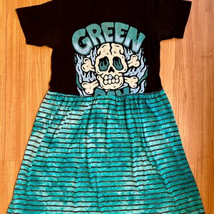 green day tshirt dress Custom Reworked 1 of 1 Upcycled Vintage Black Aqua Striped Skull Band Tee Concert Skirt Xs/s Extra Small Handmade Womens dresses