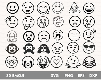 Paquete de 60 Emoji SVG + PNG // Iconos, redes sociales, impresiones y pegatinas // Archivo de corte SVG para Cricut, Silhouette, Brother