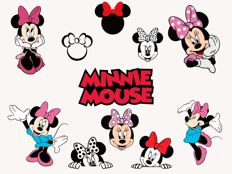 Puede incluir: Un conjunto de nueve ilustraciones en blanco y negro de Minnie Mouse. Las ilustraciones presentan a Minnie Mouse en diferentes poses, incluyendo sentada, de pie y saludando. Las ilustraciones son de estilo de dibujos animados y son perfectas para usar en manualidades, scrapbooking u otros proyectos creativos.