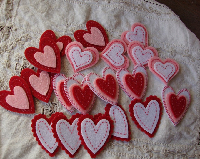 Felt Heart Stickers Valentines Day Crafts Supplies Red White Pink Stitched Fabric Hearts