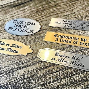 Flexible Personalized Plate, Gold/Silver Custom Engraved Name Plaque with Adhesive Sticky Backing or Screws for Trophies, Events, Gifts