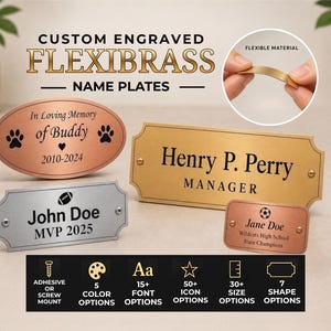 Custom Engraved Name Plate | Personalized FlexiBrass Plaque | Gold, Silver, Black, Copper & Rose | Adhesive or Screw Mount | Trophy Plaque