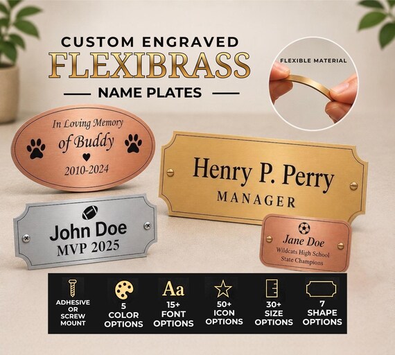Custom Engraved FlexiBrass Name Plate – Personalized Plaque, Indoor/Outdoor Sign, Adhesive or Screw Mount, Multiple Sizes, Colors & Shapes