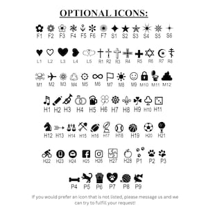 May include: A chart titled OPTIONAL ICONS displaying rows of black graphic symbols labeled with alphanumeric codes. The symbols include flowers, stars, hearts, religious icons, sports equipment, animals, and social media logos on a white background.