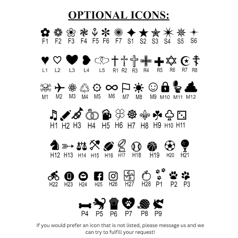 May include: A chart titled OPTIONAL ICONS displaying rows of black graphic symbols labeled with alphanumeric codes. The symbols include flowers, stars, hearts, religious icons, sports equipment, animals, and social media logos on a white background.