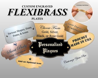 Plaque nominative gravée personnalisée | Plaque en laiton flexible personnalisée | Or, argent, noir, cuivre et rose | Fixation adhésive ou à vis | Plaque trophée