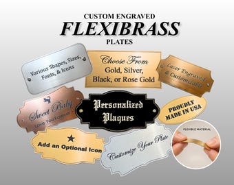 Plaque nominative gravée personnalisée | Plaque en laiton flexible personnalisée | Or, argent, noir, cuivre et rose | Fixation adhésive ou à vis | Plaque trophée