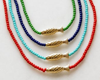 Gold Filled Fish Charm Seed Bead Necklace, Layering Coastal Jewelry