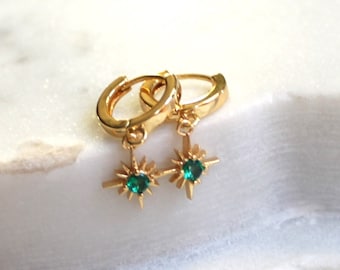 Gold Huggie Hoop Earrings with Birthstone Dangle, Earrings for Women, Gold Hoop Earrings, Jewelry, Gifts for Her, Hoops, Dainty Jewelry