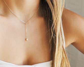 14kt Gold Filled Necklace, Lariat Necklace, Minimalist Jewelry Pearl Lariat Gold Necklace, Drop Necklace, Dainty Necklaces for Women