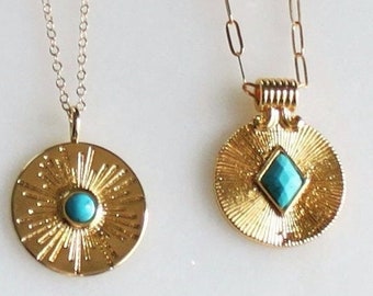 Pendant Necklace, Turquoise Necklaces for Women, Layered Necklace, Gold Necklace, Gold Coin Pendant, Coin Necklace, The Silver Wren