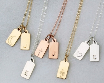 Mini Tag Initial Necklace, Personalized Necklace, 1, 2, or 3 Initial Necklace, Silver, Gold or Rose Gold Delicate Necklace Layering Necklace