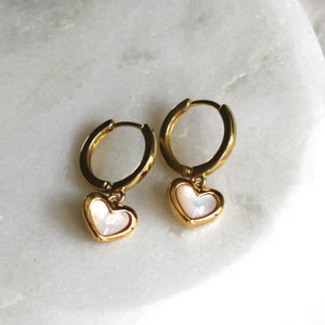 18kt Gold Hoop Earrings, Heart Gold Hoops, Huggie Hoop Earrings, Gifts for Her, Birthday Gifts, Gold Jewelry, Dainty Jewelry Hoops image 1