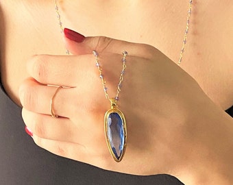 Long Necklace ATanzanite Long Pendant Necklace Gold Necklace Long Stone Necklace Gemstone Statement Necklace Pendant Long Layer Necklace