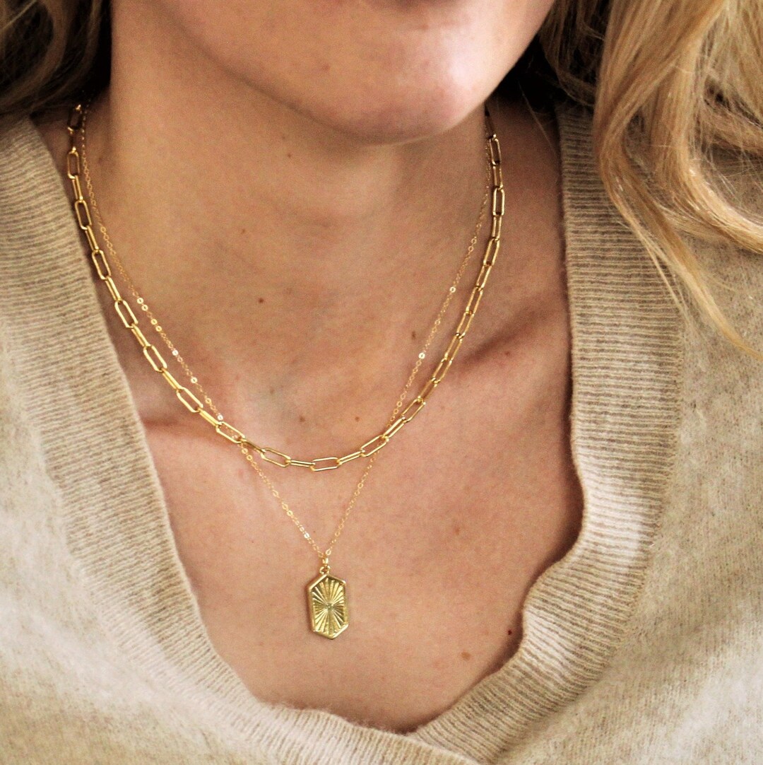 Sun Ray Pendant Necklaces for Women, Thick Gold Chain Pendant Handmade