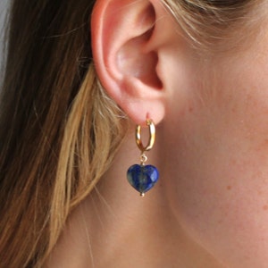 Gold Hoops, Lapis Earrings, Gold Huggie Hoop Earrings, Gifts for Her, Birthday Gifts, Gold Jewelry, Dainty Jewelry Hoops Handmade Jewelry image 2