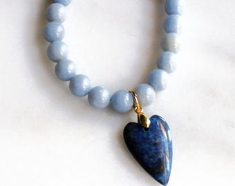 Handmade Blue Jade Beaded Necklace with Turquoise Heart Pendant