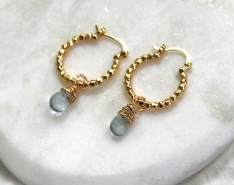 Gold Hoops, Aquamarine Earrings, Gold Hoop Earrings, Gifts for Her Aquamarine, Birthday Gifts, Gold Jewelry, Dainty Jewelry Hoops
