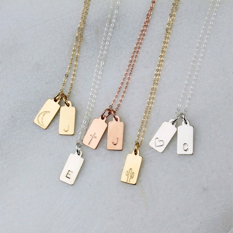 Mini Tag Initial Necklace, Personalized Necklace, 1, 2, or 3 Initial Necklace, Silver, Gold or Rose Gold Delicate Necklace Layering Necklace image 1