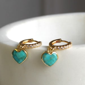 Gold Filled Huggie Hoop Earrings: Turquoise Heart Dangle