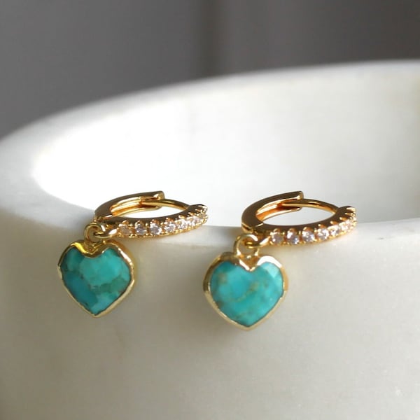 Gold Filled Huggie Hoop Earrings: Turquoise Heart Dangle