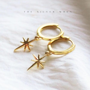 18kt Gold Filled North Star Huggie Hoop Earrings: Dainty Gold Jewelry