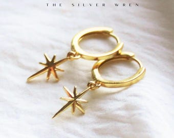 18kt Gold Filled North Star Huggie Hoop Earrings: Dainty Gold Jewelry
