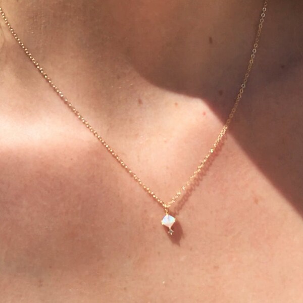 Ultra TINY CZ & Opal Necklace, Dainty Necklace, Necklace, Gift for Her, Jewelry, Layer Jewelry, October Birthday Gift, October Birthstone