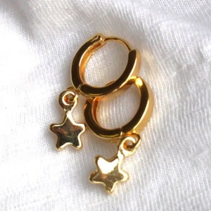 Gold Huggie Hoop Earrings with Star Dangle: 14kt Gold Over Sterling Silver