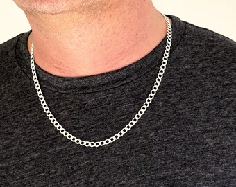 Heren ketting, dikke zilveren ketting voor mannen, vaderdagcadeaus, 5mm platte stoeprand zilveren ketting, sieraden mannen geschenken voor hem, heren zilveren ketting