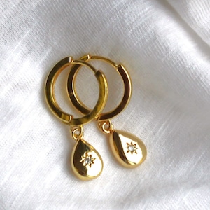 Gold Hoops with Dangle, Gifts for Her, Gold Huggie Hoop Earrings by The Silver Wren | Dainty Jewelry, Birthday Gifts