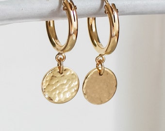 Hoop Earrings, Hoops, Gold Coin Dangle Earrings Jewelry Gifts for her, Drop Earrings, 14kt Gold Filled, Gold Earrings, Earrings