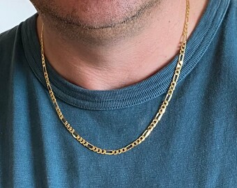 Mens Necklace, Figaro Gold Necklace for Men, Fathers Day Gifts, 4mm Figaro Chain Gold Necklace, Jewelry Men Gifts for Him, Mens Gold Chain