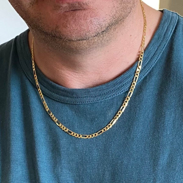 Mens Necklace, Figaro Gold Necklace for Men, Fathers Day Gifts, 4mm Figaro Chain Gold Necklace, Jewelry Men Gifts for Him, Mens Gold Chain