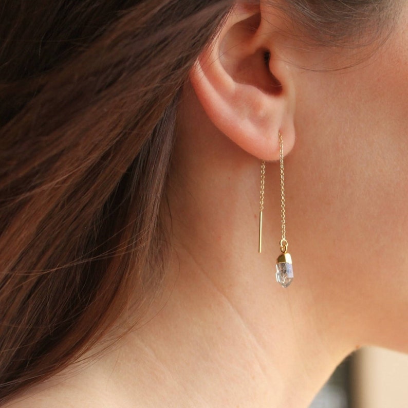 Threader Earrings Crystal Drop Earrings Gold Earrings Gold Etsy