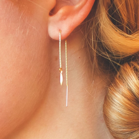 Silver or Gold Earrings Threader Earrings Leaf Drop 