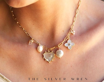 Pearl Multi Charm Necklace, Statement Necklace Jewelry for Her, Multi Charm Necklace, Necklace, Gifts for Her, Gold Jewelry, Birthday Gifts