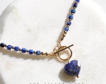 Handmade Lapis Lazuli Beaded Necklace: Gold Filled Heart Charm