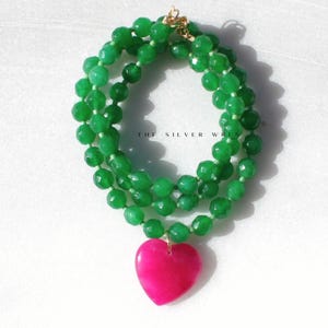 Handmade Green Jade Beaded Necklace with Fuchsia Heart Pendant