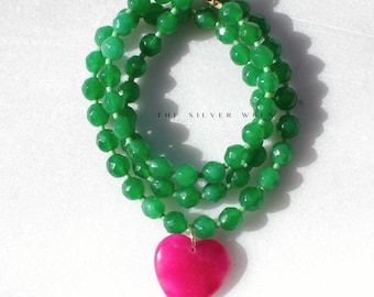 Handmade Green Jade Beaded Necklace with Fuchsia Heart Pendant