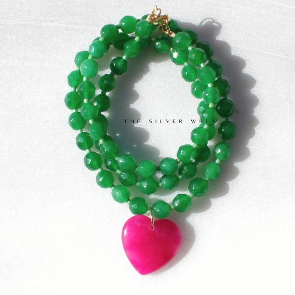 Handmade Green Jade Beaded Necklace with Fuchsia Heart Pendant