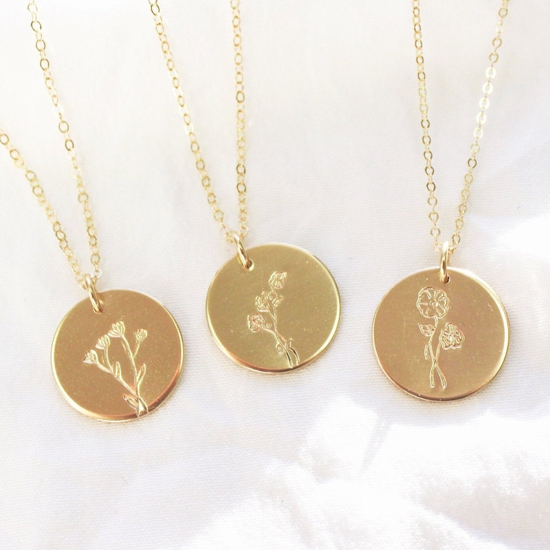Birth month flower necklace with charm- gold
