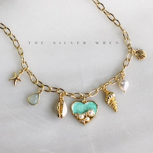 Gold Beach Charm Necklace: Seashell, Pearl, Starfish Pendants