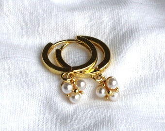 Gold Hoops, Gifts for Her, Pearl Earrings by The Silver Wren | Gold Huggie Hoop Earrings, Birthday Gifts