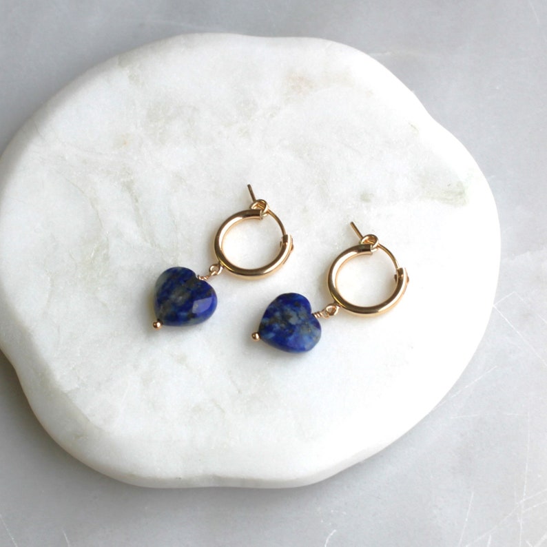 Gold Hoops, Lapis Earrings, Gold Huggie Hoop Earrings, Gifts for Her, Birthday Gifts, Gold Jewelry, Dainty Jewelry Hoops Handmade Jewelry image 3