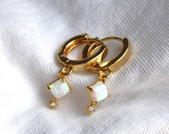 Gold Hoops, Opal Earrings, Gold Huggie Hoop Earrings by The Silver Wren | Gifts for Her, Birthday Gifts