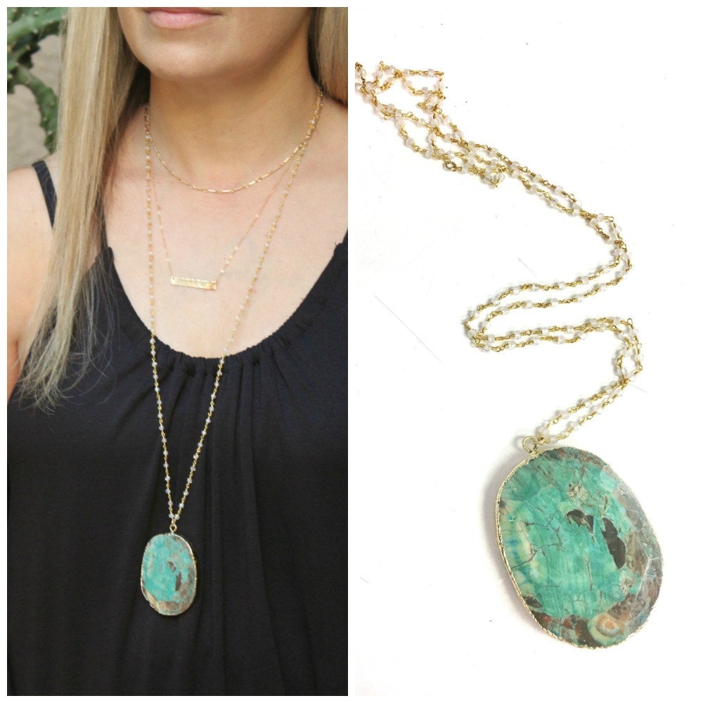 Long Necklace Green Ocean Jasper Statement 1