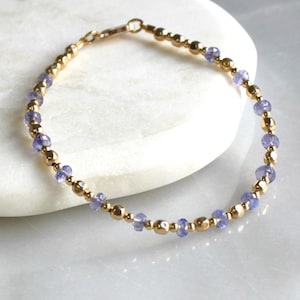 Tanzanite Bracelet Dainty Gold Beaded 14kt Gold Filled