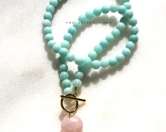 Aqua Jade Beaded Necklace: Rose Quartz Heart, Gold Filled Toggle